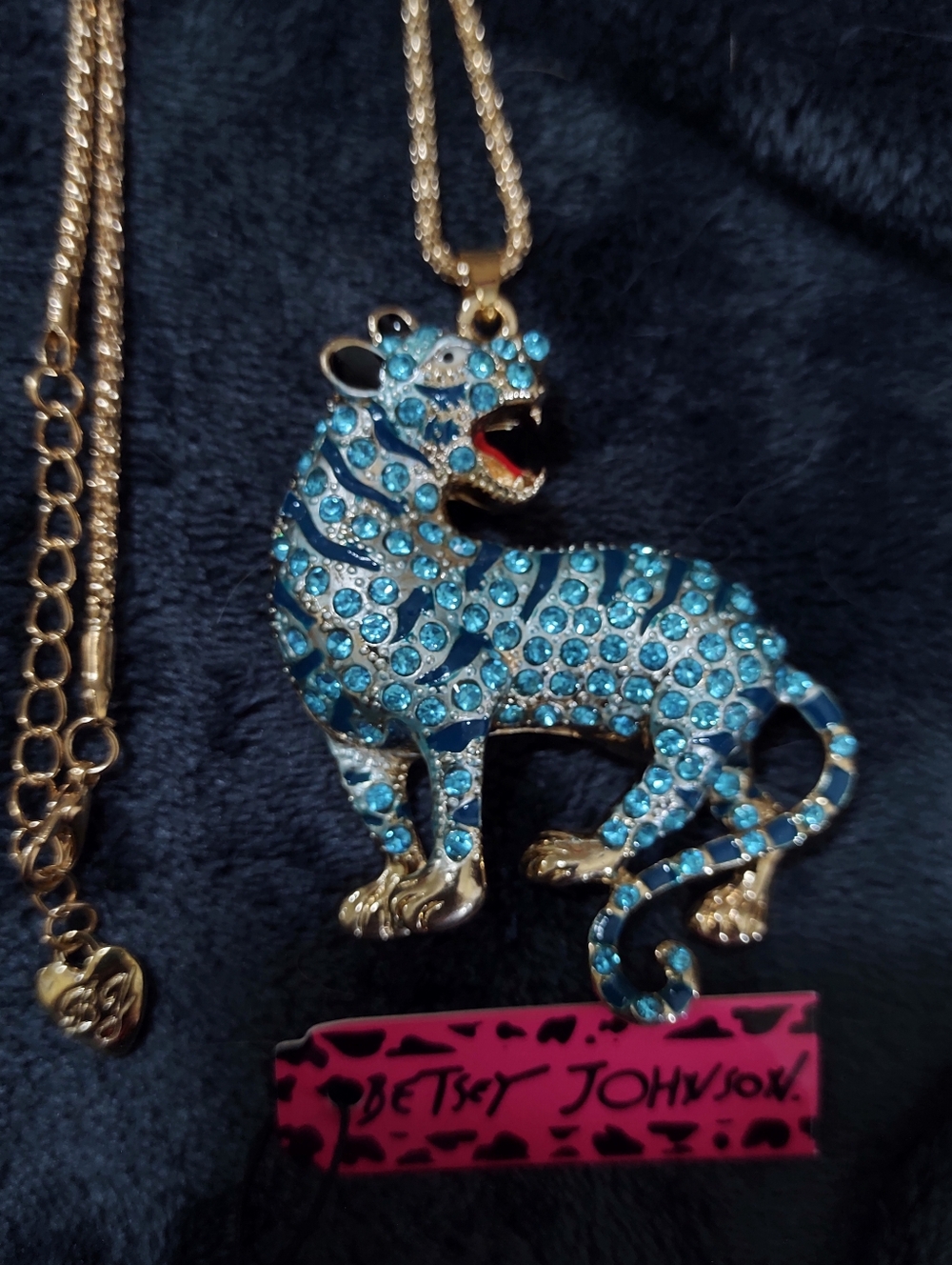 Betsey Johnson Leopard Pendant Necklace with Blue Crystals